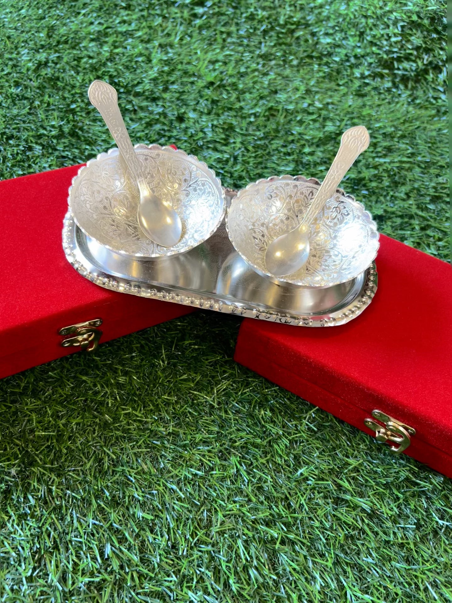 German Silver two spoon-bowl set with tray